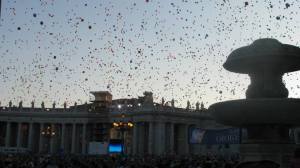 After the Pope came out and said the prayer, the crowd released the thousands of balloons. This was so beautiful at dusk, surrounded by thousands of people. People were singing in Italian and in English too. We were fortunate to be there that day.